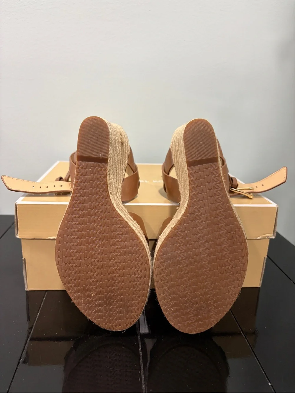 Michael Kors Brown Leather Espadrille Wedge Sandals